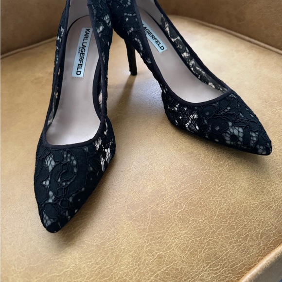 Karl Lagerfeld Womens Lace Pointed Toe High Heels Pumps Black - Picture 3 of 6